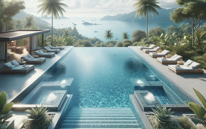 Dall·e 2024 01 17 11.25.09 Imagen Realista De Una Lujosa Piscina Infinita En Un Entorno De Resort. La Fotografía Debe Mostrar Una Piscina Infinita Con Vistas Impresionantes, Com