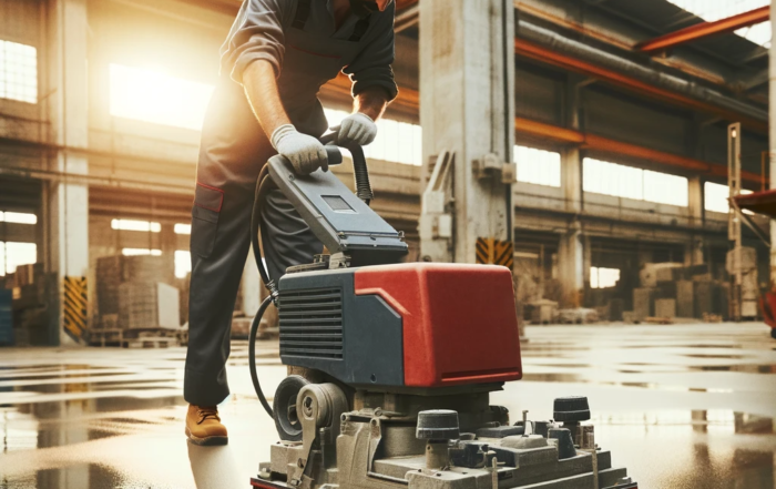 Dall·e 2024 01 18 11.36.20 Imagen Realista De Un Profesional Realizando El Pulido Y Abrillantado De Un Suelo De Hormigón En Un Entorno Industrial. La Fotografía Debe Mostrar Al