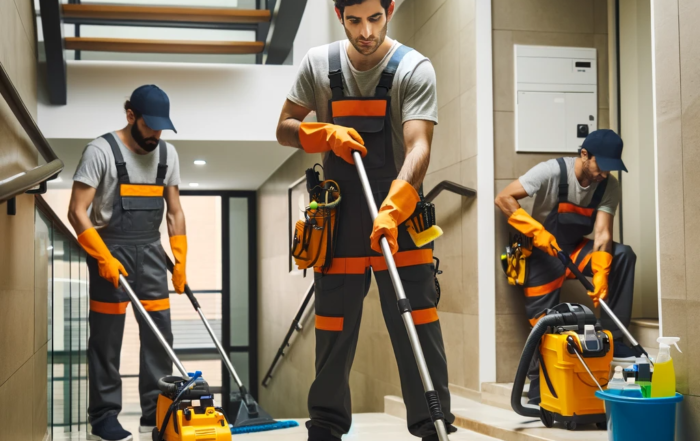 Dall&middot;e 2024 01 18 13.33.05 Imagen Realista De Un Equipo De Limpieza Profesional Trabajando En Un Edificio Residencial. La Fotograf&iacute;a Debe Mostrar A Los Trabajadores Limpiando &aacute;r