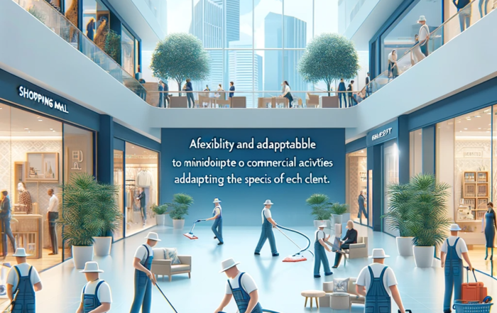 Dall&middot;e 2024 01 18 14.01.03 A Scene Illustrating The Flexibility And Adaptability Of The Cleaning Service In A Shopping Mall. The Image Should Show The Cleaning Team Working Duri