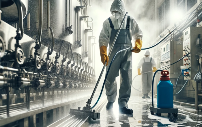 Dall·e 2024 01 19 10.41.15 Imagen Realista De Un Equipo De Limpieza Profesional Trabajando En Una Línea De Producción Industrial. La Fotografía Debe Mostrar A Los Trabajadores U