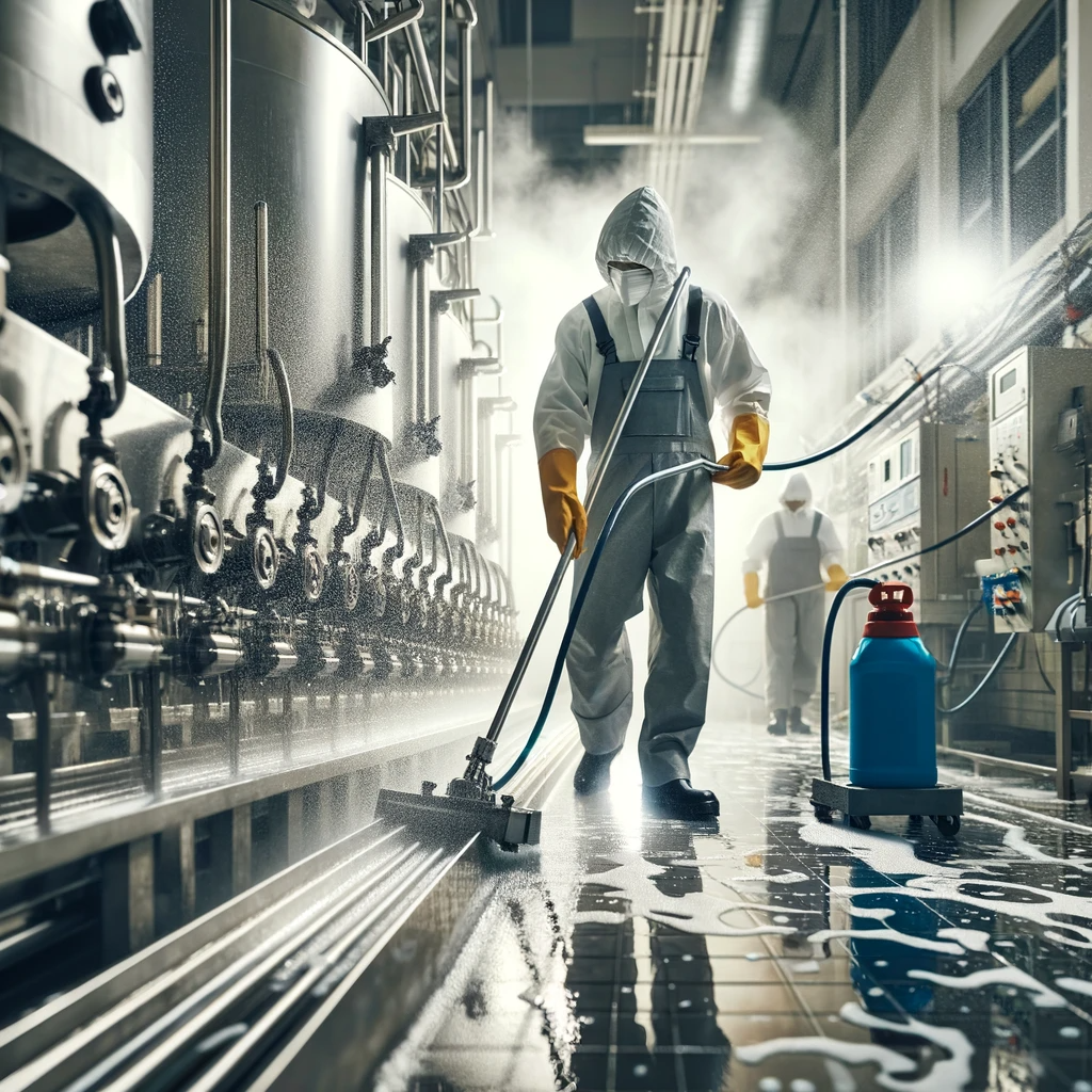 Dall&middot;e 2024 01 19 10.41.15 Imagen Realista De Un Equipo De Limpieza Profesional Trabajando En Una L&iacute;nea De Producci&oacute;n Industrial. La Fotograf&iacute;a Debe Mostrar A Los Trabajadores U
