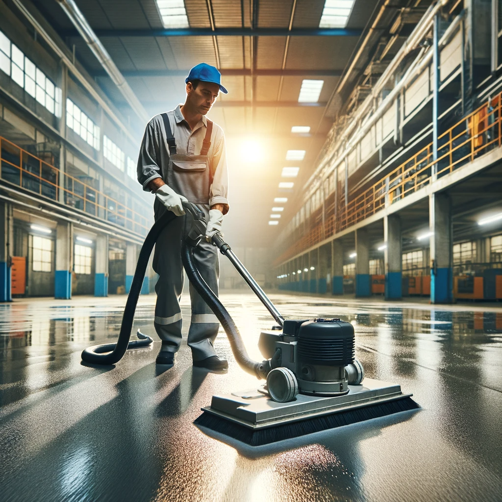Dall&middot;e 2024 01 19 10.41.17 Imagen Realista De Un Trabajador Utilizando Una M&aacute;quina De Limpieza Industrial Para Aspirar Y Limpiar El Suelo De Una F&aacute;brica. La Fotograf&iacute;a Debe Most