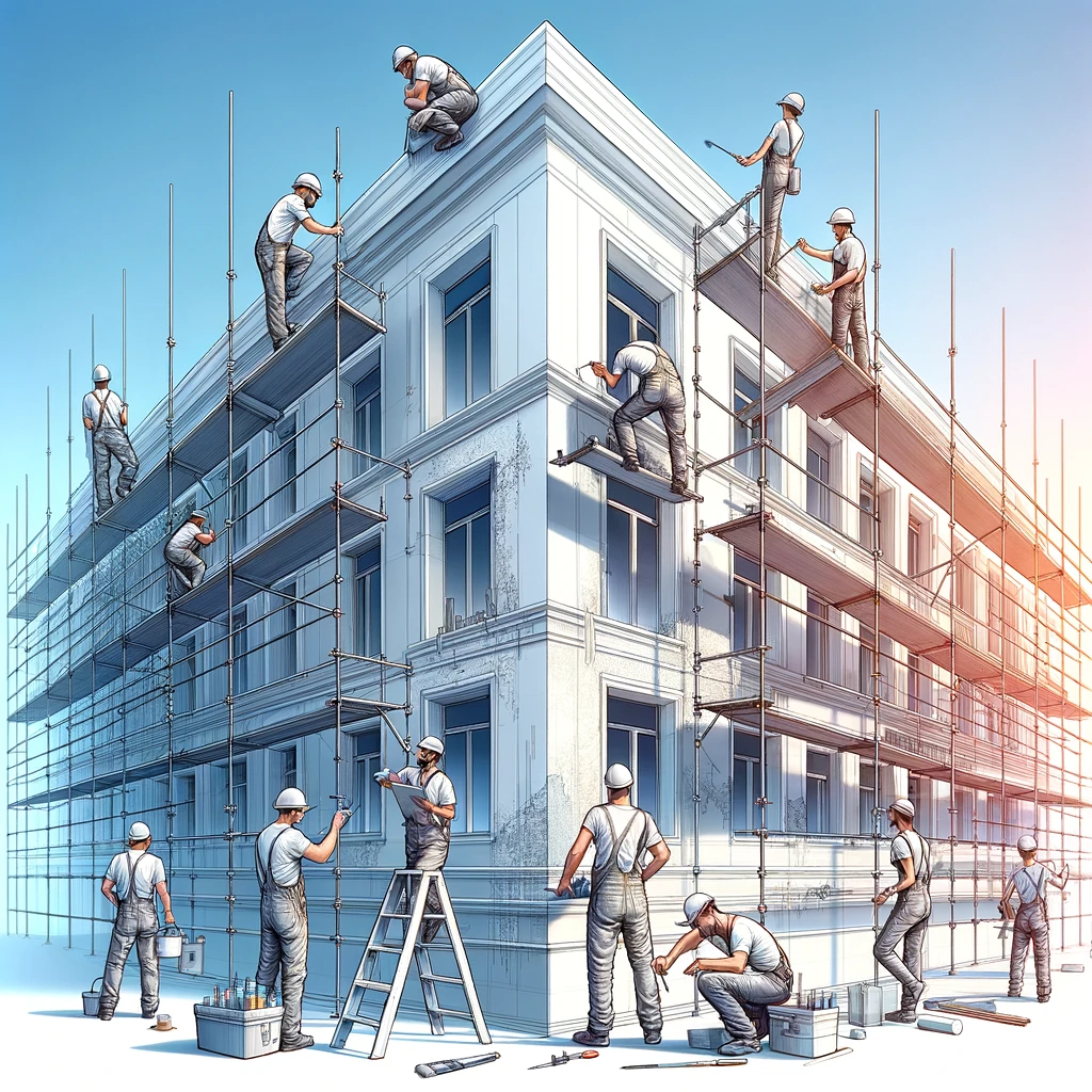 Dall&middot;e 2024 02 19 13.09.14 A Team Of Professionals Working On Repairing And Maintaining A Building Facade, Demonstrating Skill And Attention To Detail. The Scene Includes Worker