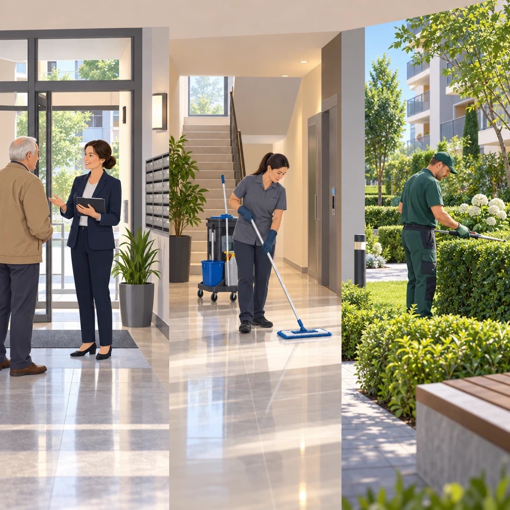 Tres funciones diferenciadas en una comunidad: coordinación, limpieza de zonas comunes y cuidado del jardín