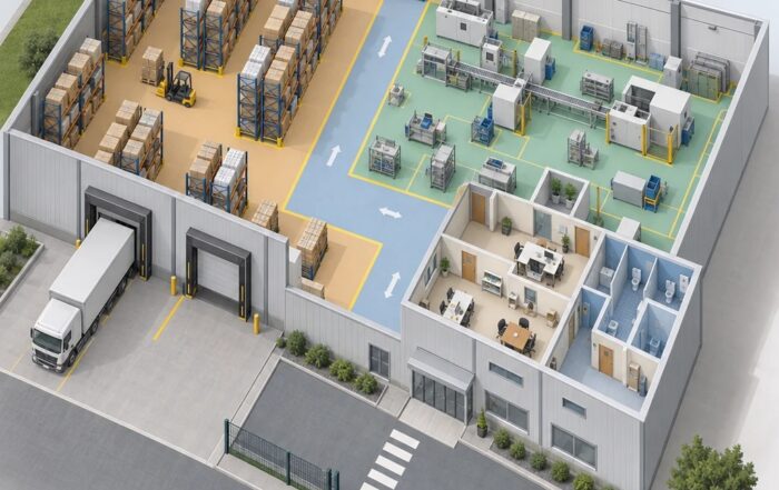 Vista isométrica de una nave dividida en almacén, producción, pasillos, oficinas y accesos.