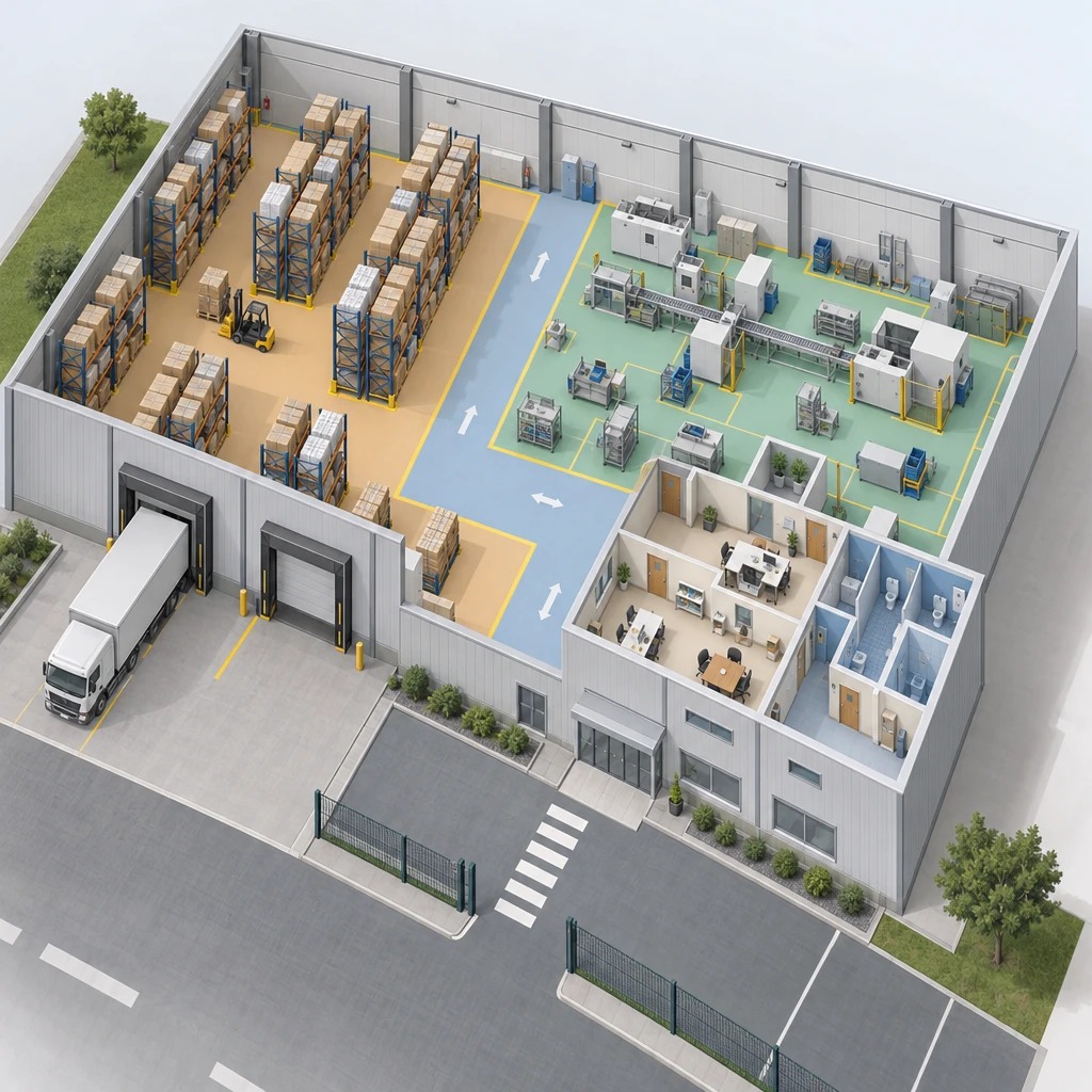 Vista isom&eacute;trica de una nave dividida en almac&eacute;n, producci&oacute;n, pasillos, oficinas y accesos.