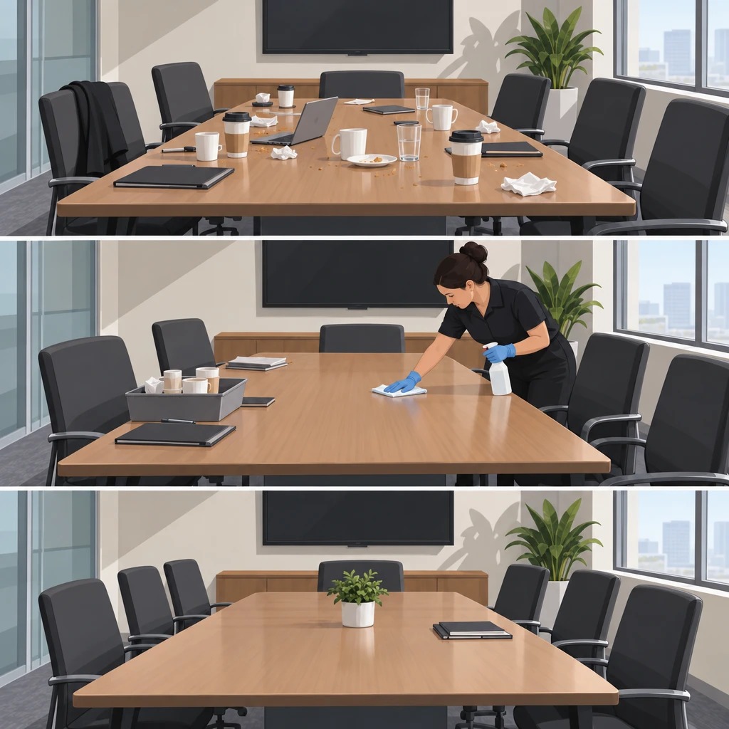 Secuencia de revisión y limpieza de una sala de reuniones entre usos.