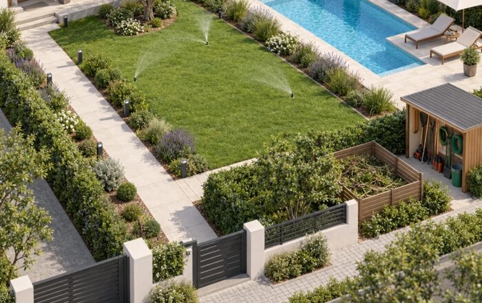 Vista esquemática de piscina, jardín y accesos para coordinar los trabajos del recinto comunitario.