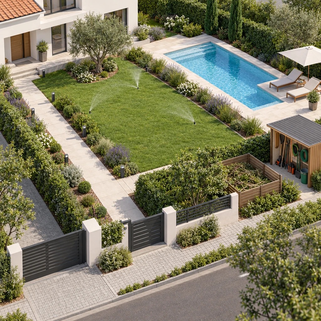 Vista esquem&aacute;tica de piscina, jard&iacute;n y accesos para coordinar los trabajos del recinto comunitario.