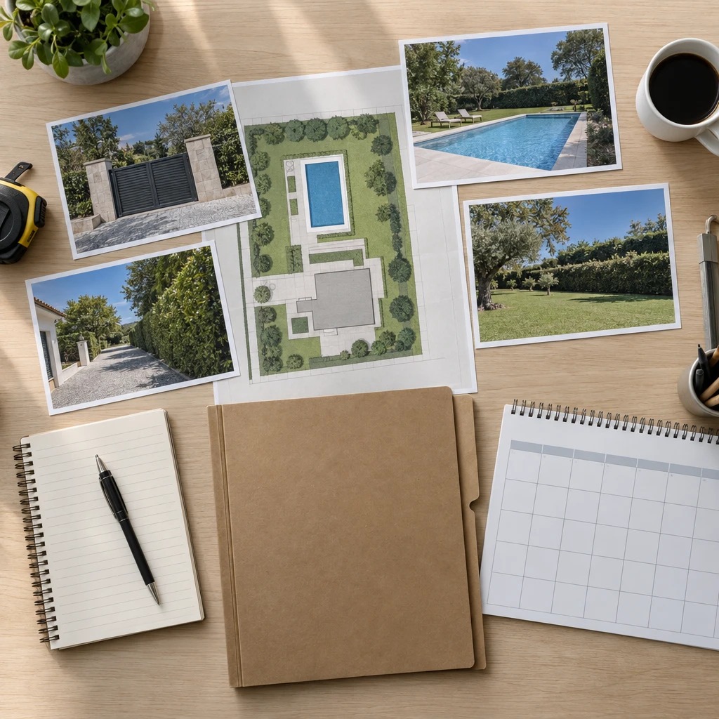 Plano del recinto y fotografías del entorno reunidos para preparar una consulta de mantenimiento.