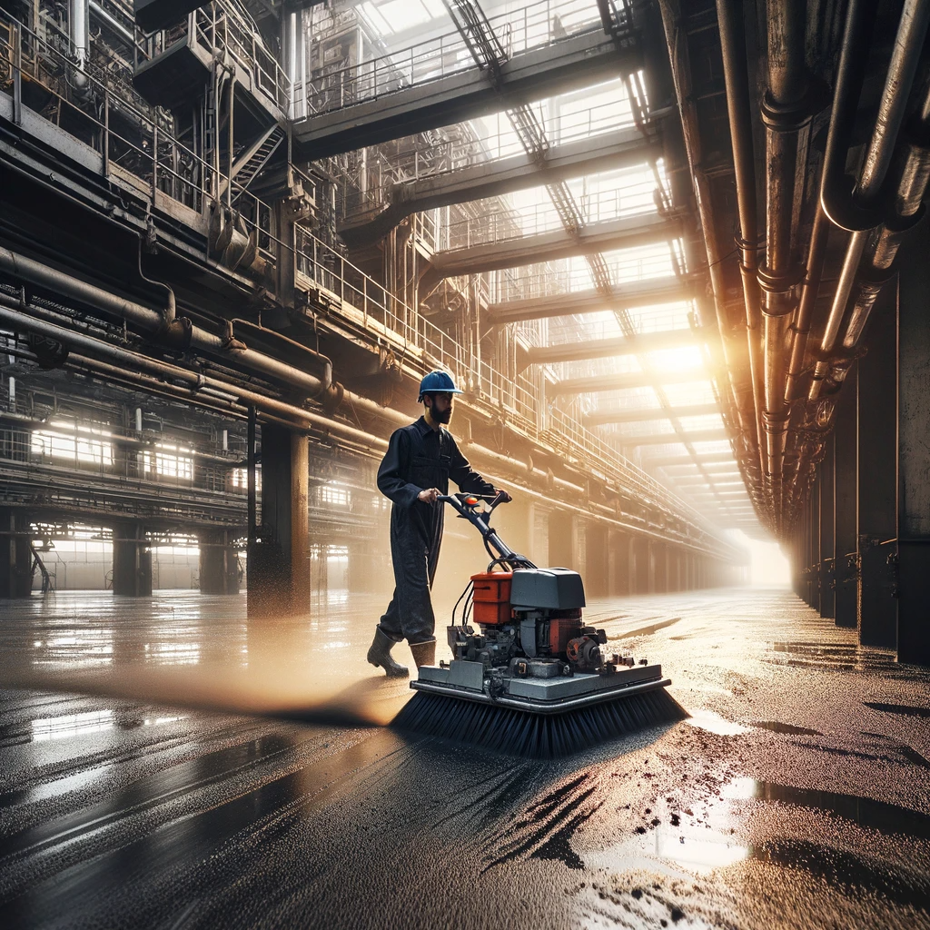 Dall&middot;e 2024 01 17 13.56.29 Imagen Realista De Un Operario Utilizando Una Barredora Industrial Para Limpiar El Suelo De Una Nave Industrial. La Fotograf&iacute;a Debe Mostrar A Un Traba