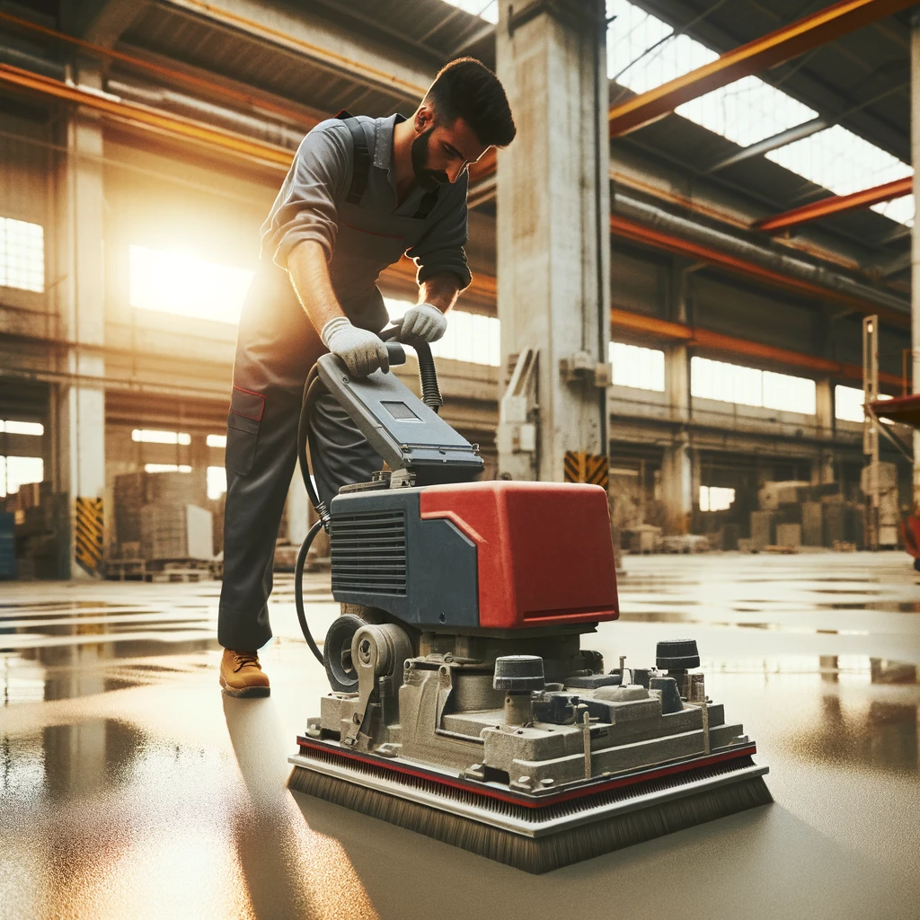 Dall·e 2024 01 18 11.36.20 Imagen Realista De Un Profesional Realizando El Pulido Y Abrillantado De Un Suelo De Hormigón En Un Entorno Industrial. La Fotografía Debe Mostrar Al