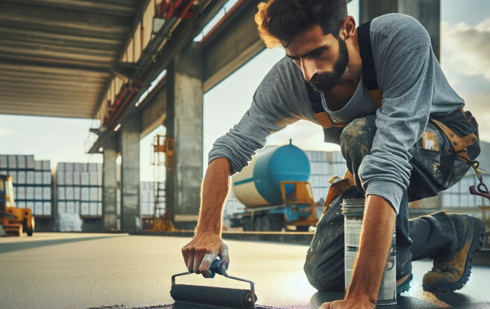 Dall·e 2024 01 18 11.41.44 Imagen Realista De Un Trabajador Aplicando Un Revestimiento Impermeabilizante En Una Terraza Industrial. La Fotografía Debe Mostrar Al Profesional Uti