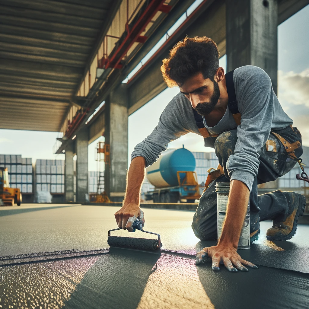 Dall·e 2024 01 18 11.41.44 Imagen Realista De Un Trabajador Aplicando Un Revestimiento Impermeabilizante En Una Terraza Industrial. La Fotografía Debe Mostrar Al Profesional Uti