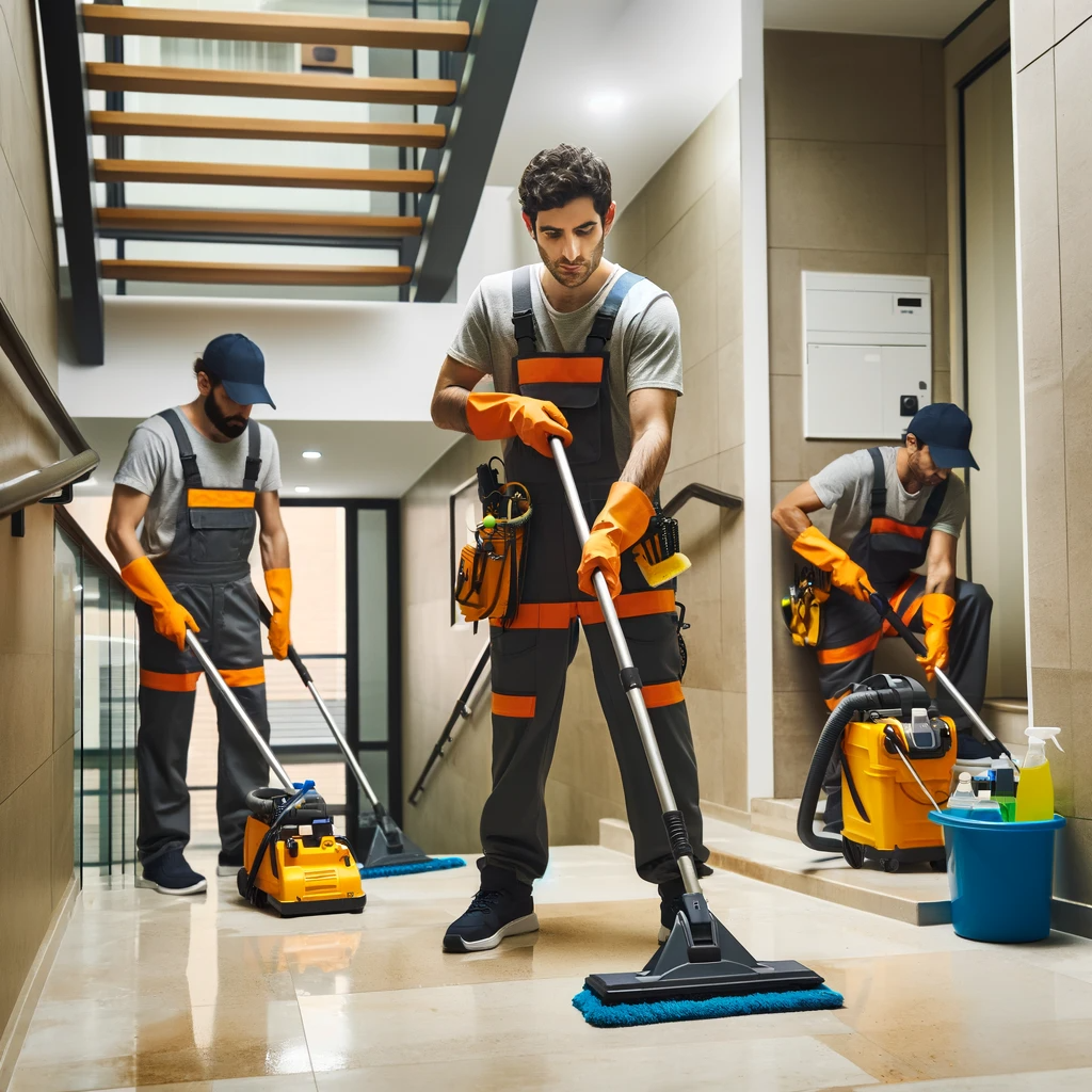Dall&middot;e 2024 01 18 13.33.05 Imagen Realista De Un Equipo De Limpieza Profesional Trabajando En Un Edificio Residencial. La Fotograf&iacute;a Debe Mostrar A Los Trabajadores Limpiando &aacute;r