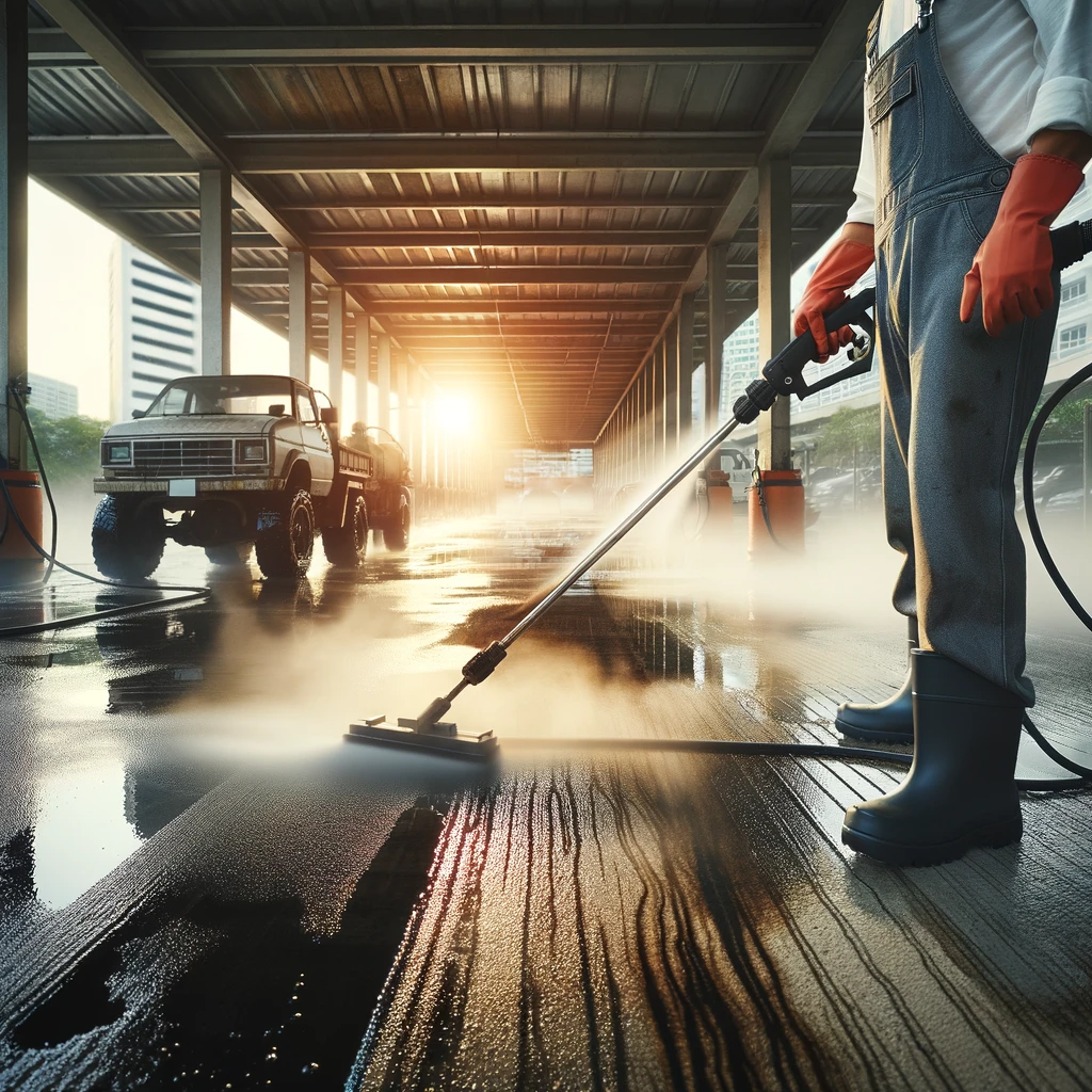 Dall&middot;e 2024 01 18 13.53.33 A Professional Cleaning Team In Action At A Garage Or Parking Area, Using High Pressure Cleaning Equipment To Remove Oil Stains, Dust, And Accumulated