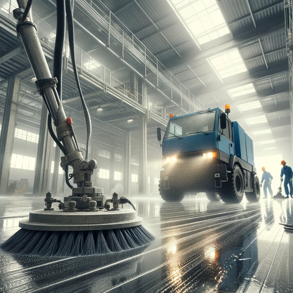 Dall&middot;e 2024 01 18 13.53.46 An Industrial Warehouse Being Cleaned By A Professional Team. The Focus Is On The Use Of Specialized Machinery For Cleaning Large Surfaces, With Atten