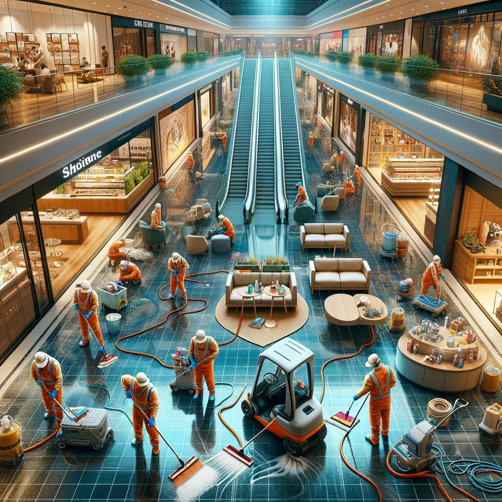 Dall&middot;e 2024 01 18 14.00.09 1. A Cleaning Team In A Shopping Mall, Focusing On High Traffic Areas Such As Common Areas, Corridors, And Food Courts. They Use Advanced Cleaning Equ