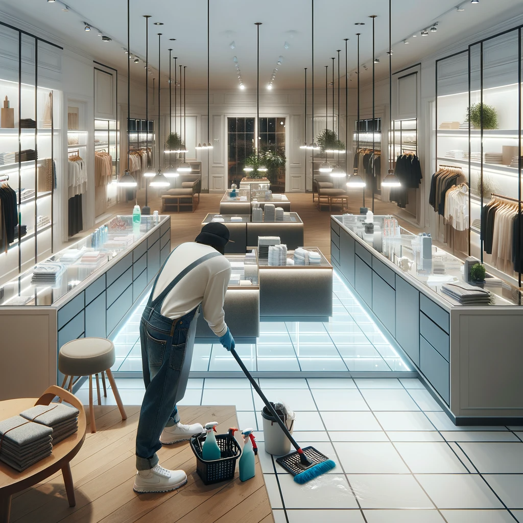 Dall&middot;e 2024 01 18 14.00.24 An Image Showing Meticulous Cleaning Inside A Store Or Commercial Space Within A Shopping Mall. The Focus Is On Cleaning Showcases, Shelves, Floors, F