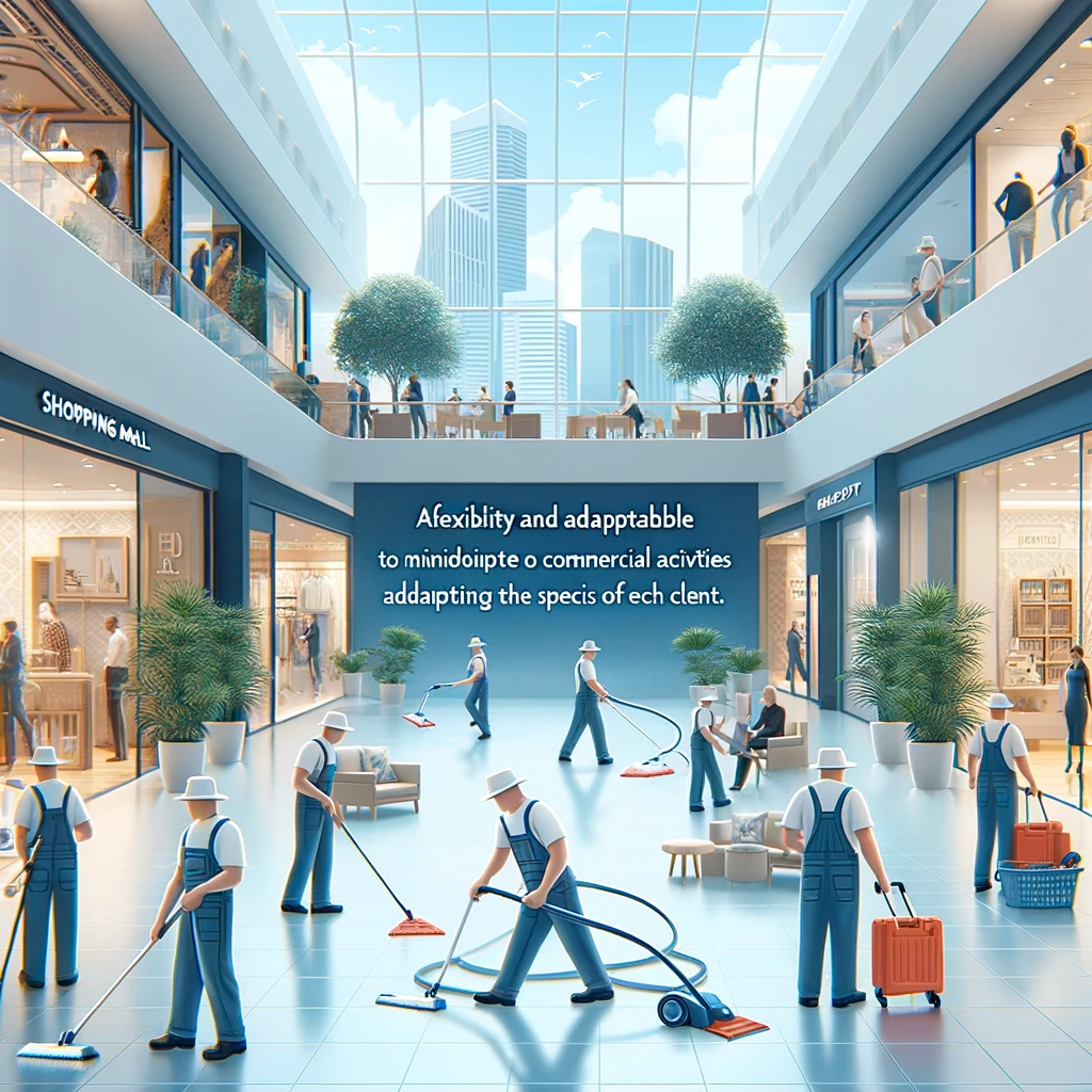 Dall&middot;e 2024 01 18 14.01.03 A Scene Illustrating The Flexibility And Adaptability Of The Cleaning Service In A Shopping Mall. The Image Should Show The Cleaning Team Working Duri