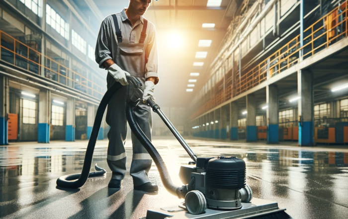 Dall·e 2024 01 19 10.41.17 Imagen Realista De Un Trabajador Utilizando Una Máquina De Limpieza Industrial Para Aspirar Y Limpiar El Suelo De Una Fábrica. La Fotografía Debe Most