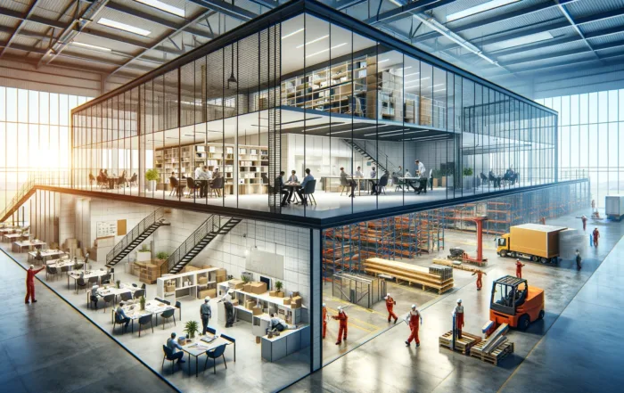 Dall·e 2024 02 16 10.18.53 A Dynamic Scene Combining An Office Space And An Industrial Warehouse Under Renovation, Reflecting A Focus On Functionality And Safety. In The Office