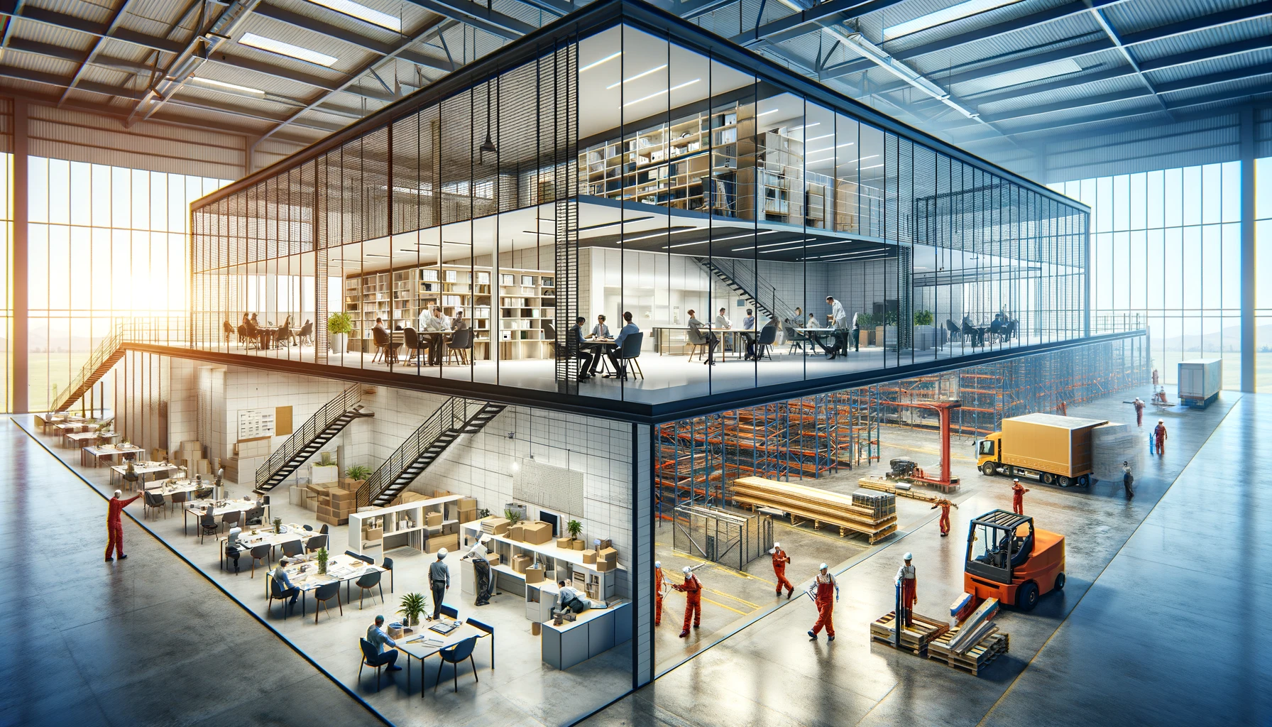 Dall·e 2024 02 16 10.18.53 A Dynamic Scene Combining An Office Space And An Industrial Warehouse Under Renovation, Reflecting A Focus On Functionality And Safety. In The Office