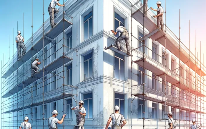 Dall·e 2024 02 19 13.09.14 A Team Of Professionals Working On Repairing And Maintaining A Building Facade, Demonstrating Skill And Attention To Detail. The Scene Includes Worker