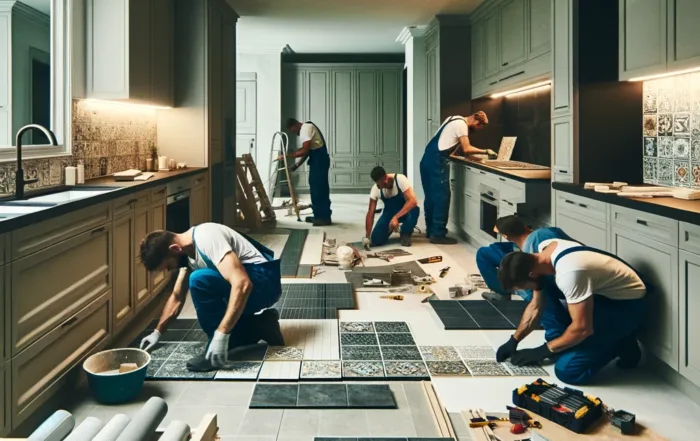 Dall·e 2024 02 19 13.12.35 Inside A Modern Home, A Team Of Professional Masons Is Engaged In The Renovation Of A Kitchen And Bathroom. The Scene Shows Workers Laying Tile Floori