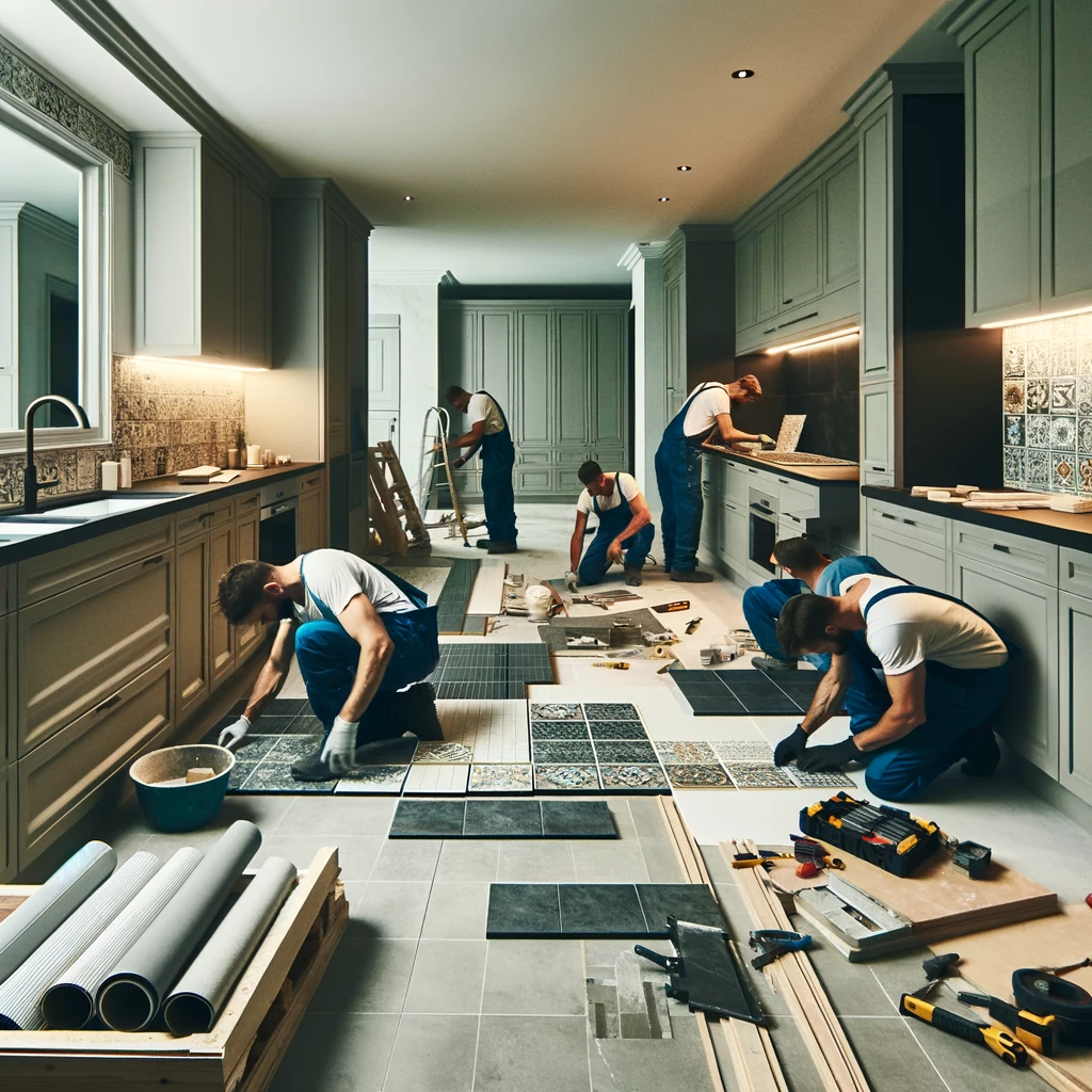 Dall·e 2024 02 19 13.12.35 Inside A Modern Home, A Team Of Professional Masons Is Engaged In The Renovation Of A Kitchen And Bathroom. The Scene Shows Workers Laying Tile Floori