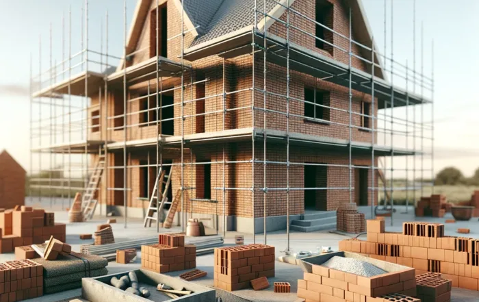 Dall·e 2024 02 19 15.50.03 An Architectural Scene Showing The Construction Of A Brick House, Focusing On The Details Of The Building Process. The Image Should Highlight The Bric