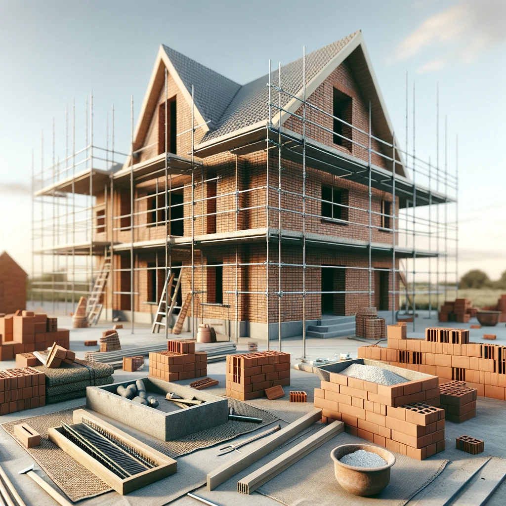 Dall·e 2024 02 19 15.50.03 An Architectural Scene Showing The Construction Of A Brick House, Focusing On The Details Of The Building Process. The Image Should Highlight The Bric